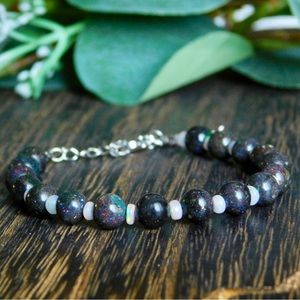 Black and White Fire Opal Silver Stainless Steel Crystal Bead Bracelet